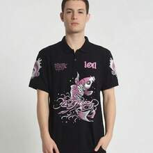 LOF1 Black Polo Shirt With Various Prints: Style And Personality In The Spotlight Loose Summer No Polo Collar - 黑魚/鯉魚 - 查看 3