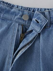 1pc Girls' Fashionable Casual Versatile Pleated Patchwork Denim Skirt Pants - Medium Wash - View 5