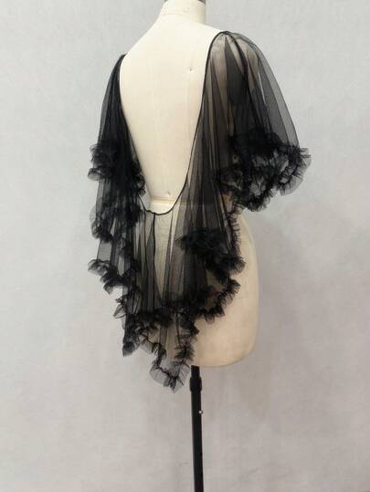 1pc Black Sexy Backless Sheer Short Bridal Cape Cloak Flowy Mesh Poncho