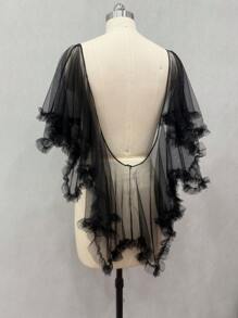1pc Black Sexy Backless Sheer Short Bridal Cape Cloak Flowy Mesh Poncho - Multicolor - View 4