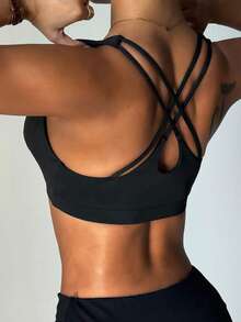 Women's Black Removable Padded Deep V-Neck Criss-Cross Strap Fashionable Sports Knit Bra - Black - View 2