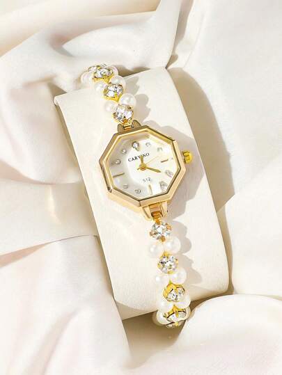 An Elegant And Cute Pearl Bracelet Watch, Fashion Accessories, Vintage Luxury Watch For Women, Suitable For Daily, Back To School Season, Birthday Gifts, Party Dates