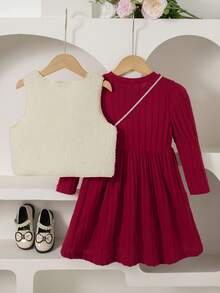 2pcs Girls Casual Outfit Set - Sleeveless Top With Bow Decor And Long Sleeve Knee-Length Dress, Fashion Suit For Girls, Spring/Autumn/Winter