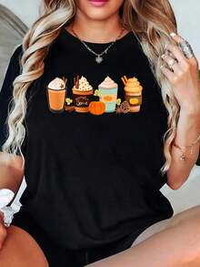 100% Cotton Women Warm Pumpkin Spice Latte Drinks Fall Coffee Lattes Men Women T-Shirt Graphic Tees Women - 黑色 - 查看 1