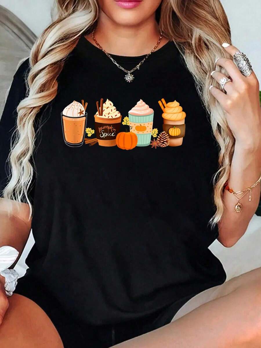 100% Cotton Women Warm Pumpkin Spice Latte Drinks Fall Coffee Lattes Men Women T-Shirt Graphic Tees Women - 黑色 - 查看 1