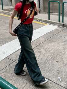 女式直筒牛仔裤，后袋做旧设计，全长 - 藍色 - 查看 6