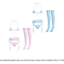 Women Cute Kawaii Anime Lingerie Set Halter Strap Micro Bra Tiny Panty Garter Belt Striped Stockings 4Pcs Underwear - trắng - Xem 8