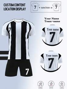Customizable Name/Team Kids Football Jersey Set, #7 Crew Neck Top With Slight Stretch, Black & White, Suitable For Football Parties, Weekends, Running, Yoga, Hiking - Spring/Summer Sportswear, Sports Set/Casual Sportswear/Training Suit/Boys Set/Suitable For Outdoor Activities - Black and White - View 3