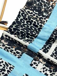 1pc Leopard Print Scarf, Fashionable Women's Silk Scarf With Tassels, Versatile Shawl For Sun Protection - Blue - View 7