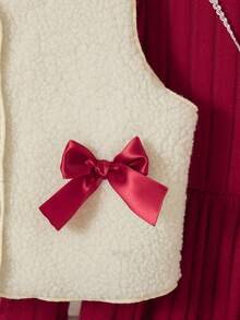 2pcs Girls Casual Outfit Set - Sleeveless Top With Bow Decor And Long Sleeve Knee-Length Dress, Fashion Suit For Girls, Spring/Autumn/Winter