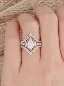 3 件套华丽方晶锆石戒指套装，适合女士结婚订婚周年纪念珠宝情人节礼物 - 銀色 - 查看 7