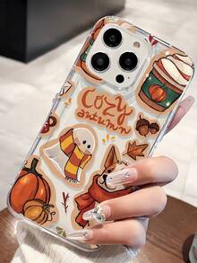 1pc Fashionable Autumn Pumpkin, Ghost, Dog Slogan Patchwork Pattern Transparent TPU Airbag Shock Absorption Phone Case Compatible With IPhone 16/16Pro/16Plus/15/15ProMax/15Pro/11/12/13/14ProMax/12Mini/13Mini/11Pro/11ProMax/12Pro/12ProMax/13Pro/13ProMax/14Pro/14ProMax, Soft Case With High-End Feel - Multicolor - View 2