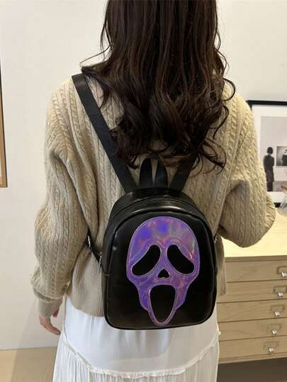 Fashionable Contrast Color Skull Print PU Large Capacity Zipper Casual Versatile Backpack, Suitable For Women To Use On Halloween