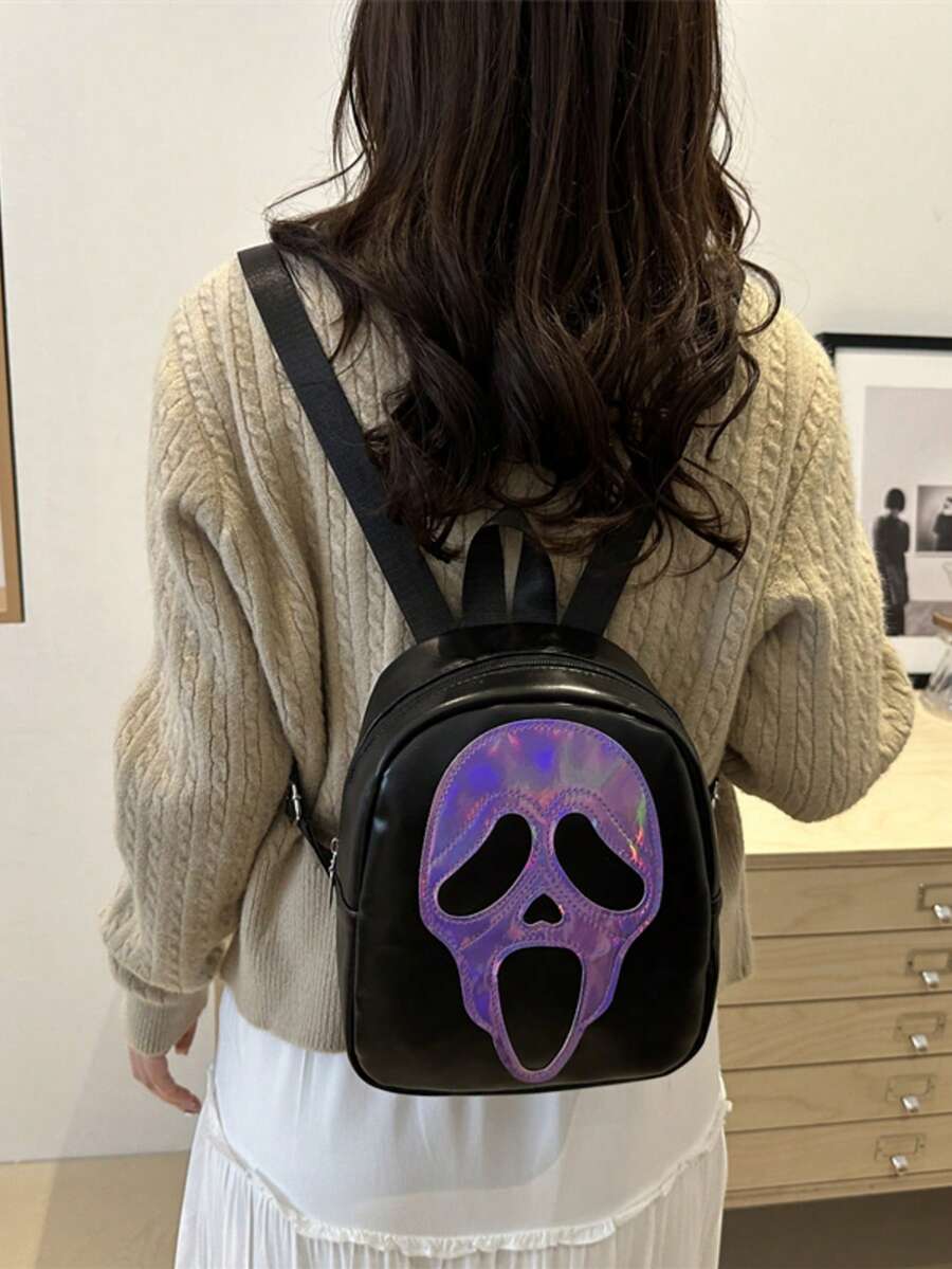 时尚撞色骷髅印花PU大容量拉链休闲百搭背包，适合女性万圣节使用 - 紫色 - 查看 1