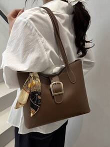 PU Shoulder Tote Bag With Scarf Pattern, Large Capacity, Lightweight And Versatile, Suitable For Commuting - Chocolate Brown - View 5