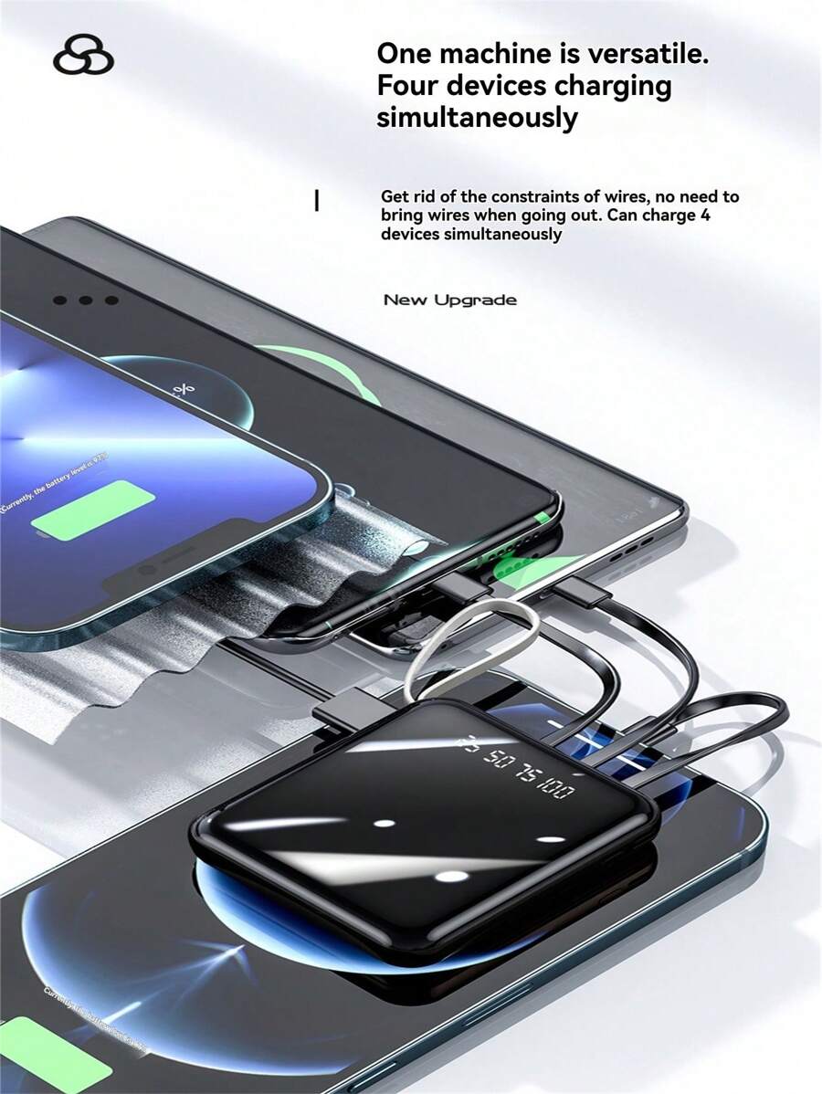Carregador portátil integrado com 4 cabos, banco de energia de carregamento rápido de 10000 mAh, bateria externa USB C leve, carregador compacto para celular de viagem compatível com iPhone 16 15 14 13 12 Pro/Pro Max S22 S21 iPad etc.
