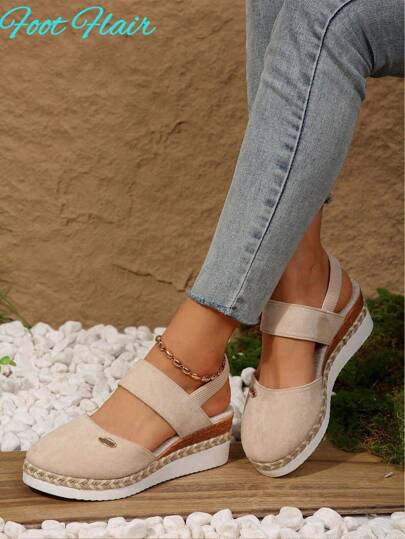 Foot Flair Women's Plus Size Wedge Heel Thick Sole Closed Toe Backless Beige Sandals, Bohemian Beach Holiday Style, New For Summer, Color Block, Elastic Band, Rope Sole, Roman Sandals. Please Refer To The Size Guide To Select The Appropriate Size.