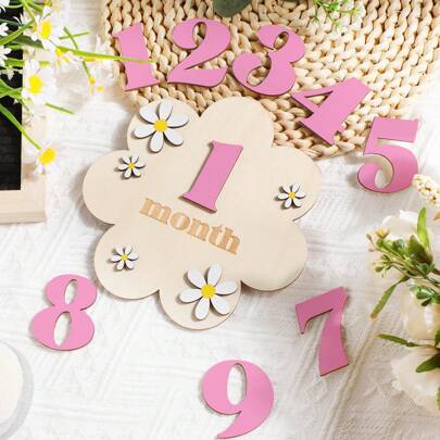 1 Set Bebé 1-12 Meses Fotografía Floral de Madera Hitos, Registro de Crecimiento, Colgante de Hitos Doble Cara, Tarjetas de Hitos Mensuales, Tarjetas de Hitos Mensuales para Recién Nacidos