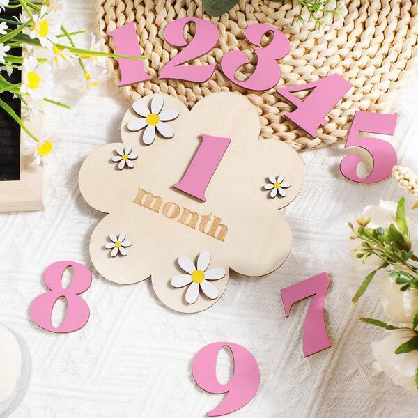 1 Set Baby 1-12 Months Wooden Flower Milestone Photography Props, Growth Record, Double-Sided Milestone Pendant, Monthly Milestone Cards, Newborn Monthly Milestone Cards