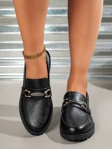 Giày lười nữ màu đen đa năng, giày bệt mũi tròn chất liệu PU mềm mờ thời trang xuân/thu mới, cỡ lớn, giày thường ngày đi làm đi làm kiểu Anh - màu đen - Xem 4