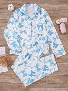 2pcs Sweet Blue Bow Print Women Pajama Set, Long Sleeve Lapel Top And Loose Elastic Pants, Suitable For Holiday Party, Casual Wear, All Seasons, Fall Clothes - Blue - View 1