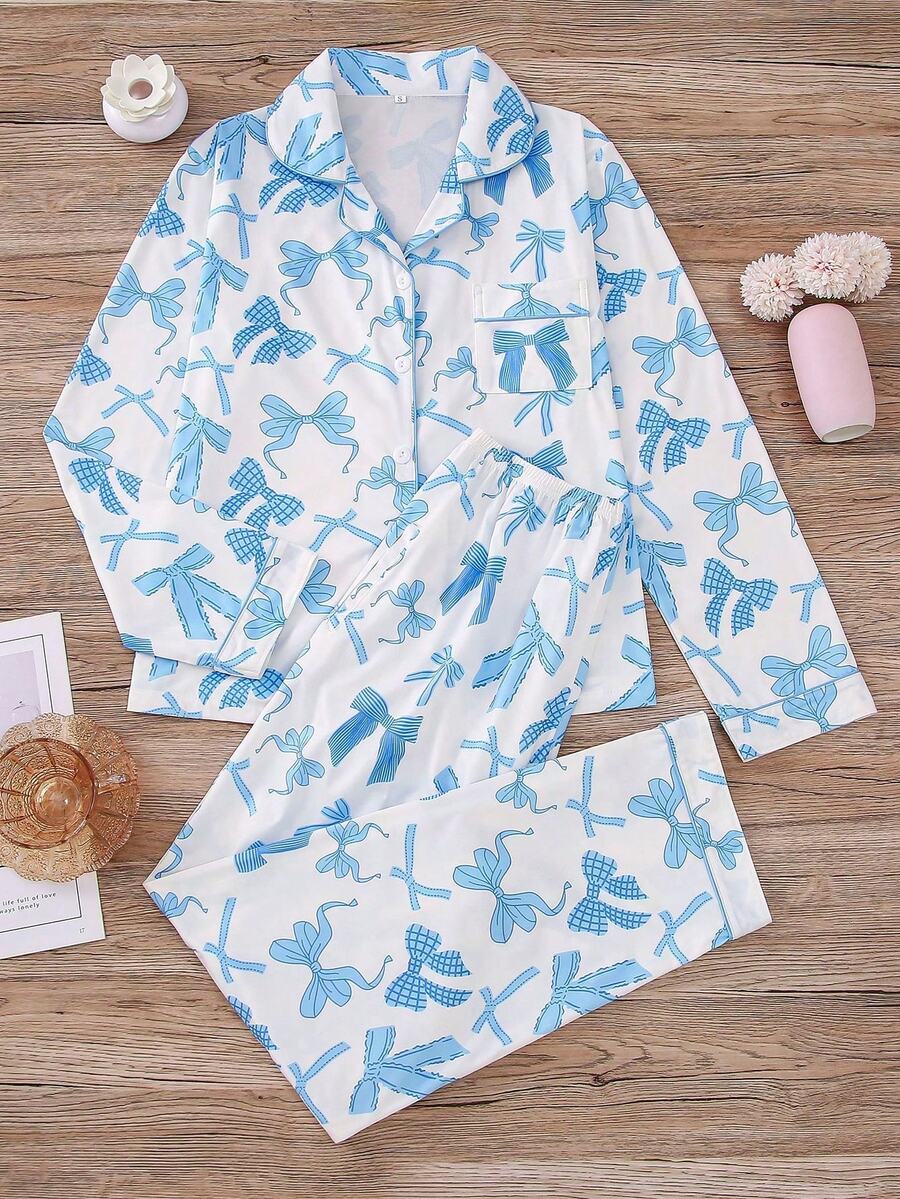 2pcs Sweet Blue Bow Print Women Pajama Set, Long Sleeve Lapel Top And Loose Elastic Pants, Suitable For Holiday Party, Casual Wear, All Seasons, Fall Clothes - Blue - View 1