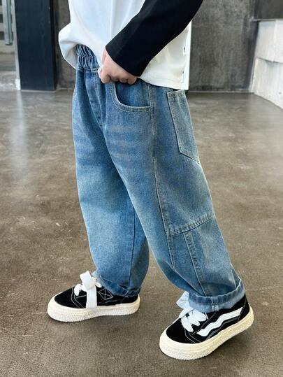 Boys' Loose Straight Leg Jeans, Suitable For Casual, School, Outdoor Wear, Autumn