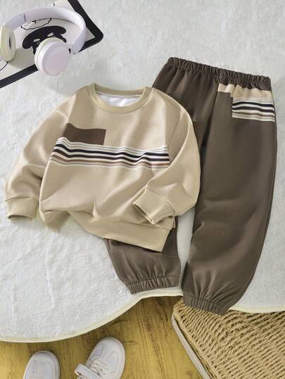 2pcs/Set Boys Stripe Color Block Geometric Graphic Print Sweatshirt And Pants Set, Fashionable, High-End Versatile, Suitable For Daily And Outings