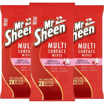 Mr Sheen Ultra Effective Wipes For Wood, Glass, Metal And Plastic, Magnolia And Cherry Blossom Fragrance, 30 Wipes Per Pack, Pack Of 3