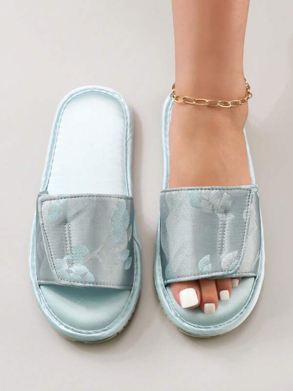 New Chinese Style Embroidered Satin Criss-Cross Comfortable & Elegant Women's House Slippers, Non-Slip