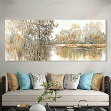 1 幅无框现代抽象树木和湖泊墙面艺术帆布画，金色色调，适合客厅和卧室装饰、湖畔别墅装饰、宁静家居装饰、柔和色彩的艺术品 - 彩色 - 查看 6