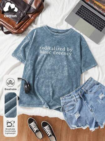 女装夏季激进字母图案印花圆领短袖复古休闲日常水洗T恤上衣基础礼仪