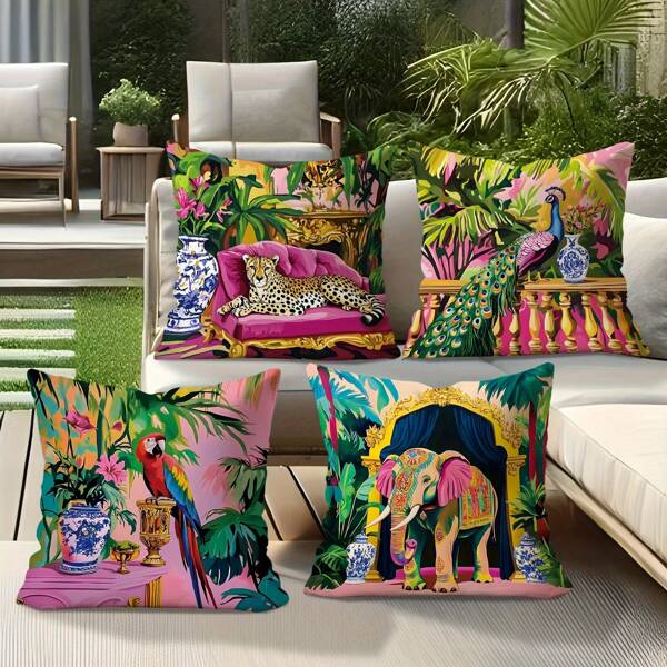 4pcs Tropical Pattern Pillowcases - Pink And Green With Elephant, Peacock, And Plant Designs Single-Sided Print For Balcony, Garden, Patio, Hanging Chair Seat, Sofa Decor - Polyester, Machine Washable, Zipper Closure, Outdoor Cushion Covers | Vibrant Colors, Decorative Pillows