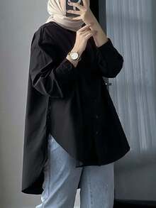 Women Modest Long Sleeve Plaid Shirt Collar Button Front Regular Top In Woven Fabric - Black - View 2