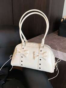 女士复古保龄球包，PU皮革材质，简约纯色手提包，多功能单肩斜挎包，适合工作、通勤、约会、派对等场合，时尚女士波士顿包