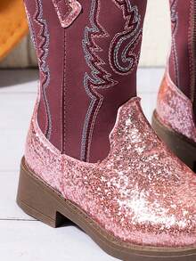 1 Pair Children's Purple Sequin High-Top Square Toe PU Boots, Suitable For Outdoor Sports - Purple - View 11