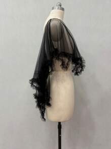 1pc Black Sexy Backless Sheer Short Bridal Cape Cloak Flowy Mesh Poncho - Multicolor - View 3