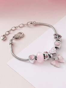 1pc Luxury Sweet Princess Style Pink Bowknot Heart Beaded Adjustable Bracelet - Pink Bow - View 2