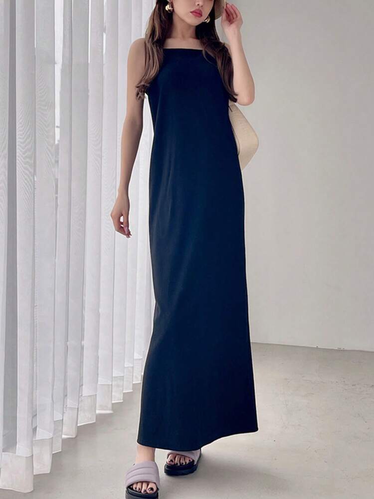 2025 春夏新款女装纯色交叉后背设计吊带背心连衣裙 - 藏蓝色 - 查看 2