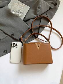时尚迷你纯色简约金属锁扣装饰防水PU手提包，适合购物、携带，适合年轻女性、大学生、年轻职业人士、上班族。完美适用于办公室、学校、工作、商务、通勤、户外活动、旅行和短途出行。 - 棕色 - 查看 4