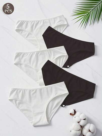 5件套女士无缝舒适简约睡衣内衣，纯色低腰，黑白