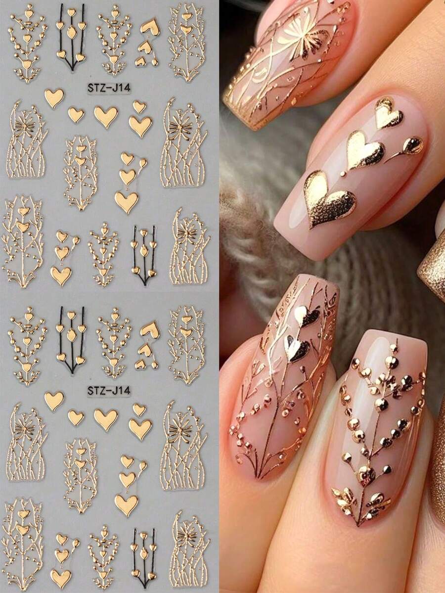 2pcs 3D Bronzing Heart Stickers For Nails Metallic Golden Heart Designs Glitter Self Adhesive Nail Art Decals For Valentine's Day Decoration Manicure Supplie - Vàng - Xem 1