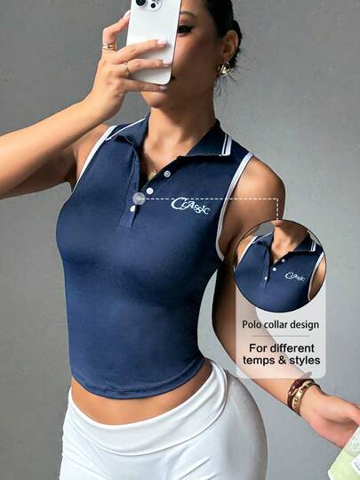 Women Navy Blue Polo Collar Letter Print Sleeveless Fashion Sports Top