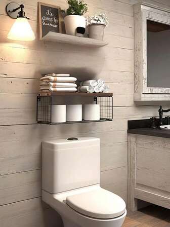 1件双层收纳架铁艺浴室多用途壁挂架客厅展示架卧室书架木板铁篮收纳架