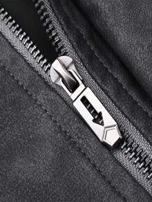 Plus Size Men's Casual Loose Turndown Collar Motorcycle PU Leather Long Sleeve Jacket, Suitable For Autumn, Zipper Front - Dark Grey - View 8