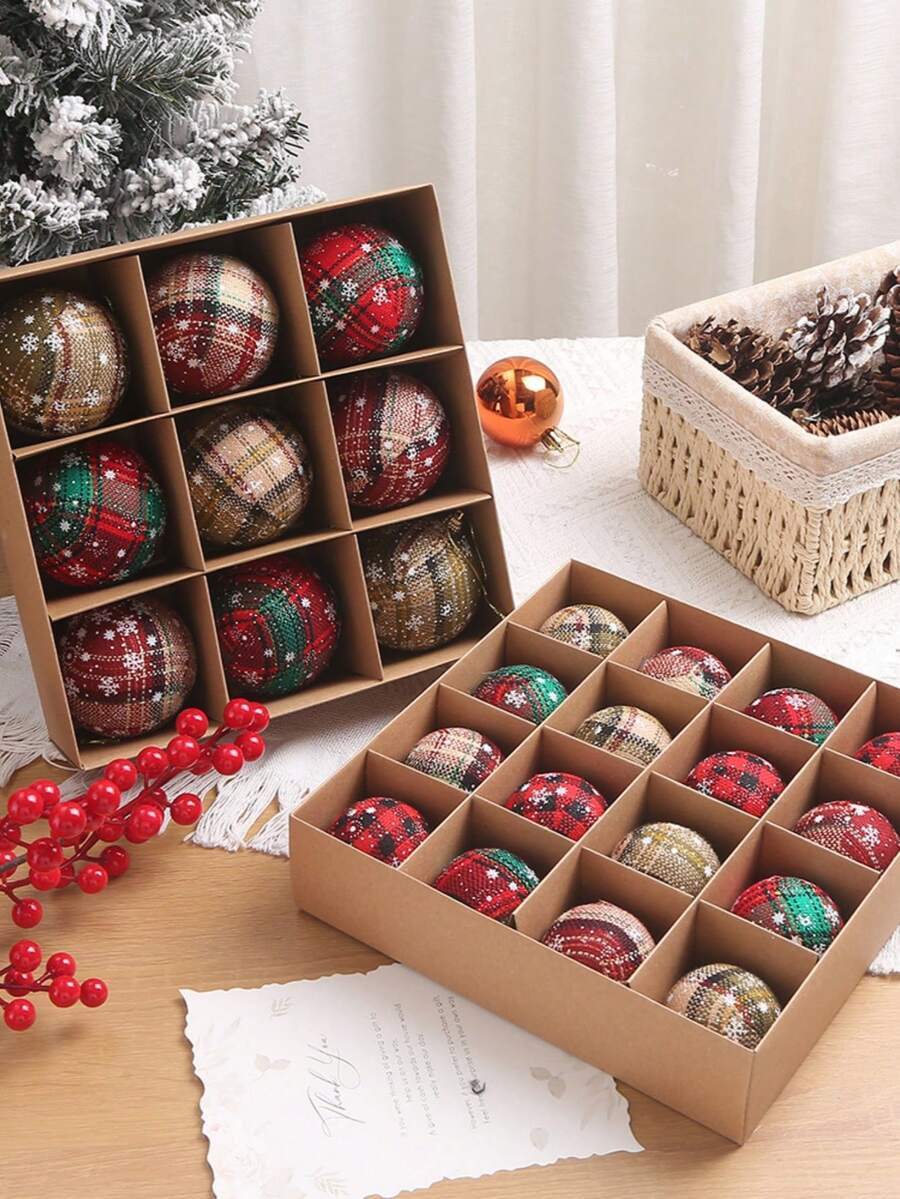 6cm/8cm Foam Christmas Ball Ornaments, With High-End Texture, Plaid Christmas Tree Decorations That Create A Warm Decorative Atmosphere And Can Be Used As Christmas Tabletop And Fireplace Decorations.