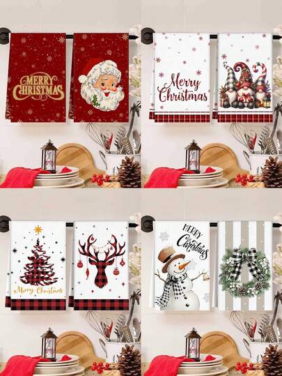 2 piezas Toallas decorativas navideñas, Toallas decorativas de cocina con patrones de Papá Noel, copos de nieve dorados, gnomos navideños, muñeco de nieve, corona navideña y Feliz Navidad, toallas de mano reutilizables, adecuadas para decoración navideña de la cocina, sala de estar y limpieza del hogar