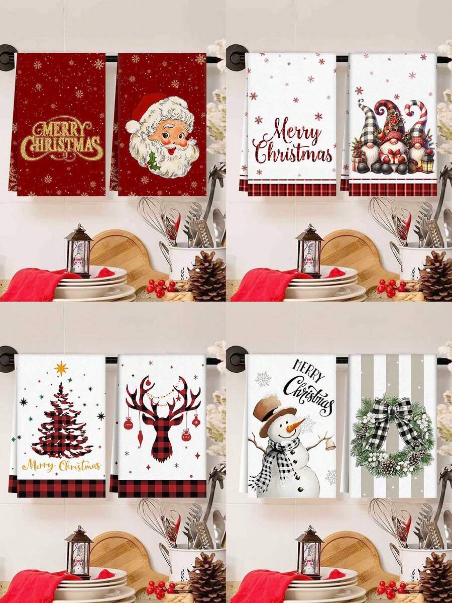 1/2pcs Christmas Decorative Towels, Santa Claus Golden Snowflake Christmas Gnome Snowman Wreath Merry Christmas Pattern Kitchen Decorative Towels, Reusable Hand Towels, Suitable For Christmas Kitchen Living Room Decorative Towels, Christmas Cleaning Supplies, Home Decoration