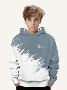 Tween Boy Fashionable Graphic Print Casual Sweatshirt - Long Sleeve, Crew Neck Pullover, Suitable For Spring & Autumn, Cool Print - Grey - View 1