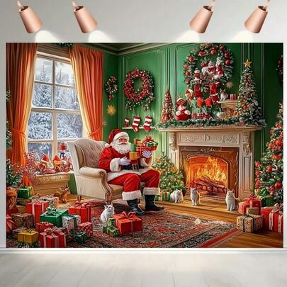 Pancarta plana 2D para fiesta de Navidad - Telón de fondo de poliéster 2D con paisaje nevado, gorros rojos de Papá Noel y decoraciones navideñas, adecuado para el hogar, la habitación o la pared, perfecto para eventos de celebración de vacaciones y sesiones de fotos, ideal para la decoración navideña